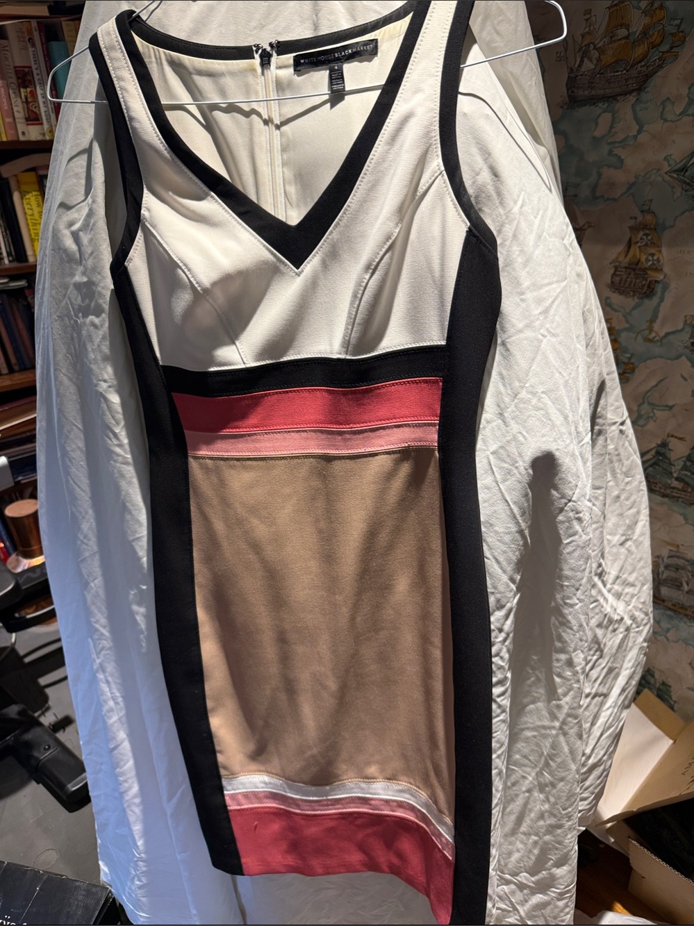 White House Black Market Colorblock V-Neck Tank Top — White, Black, Tan & Pink